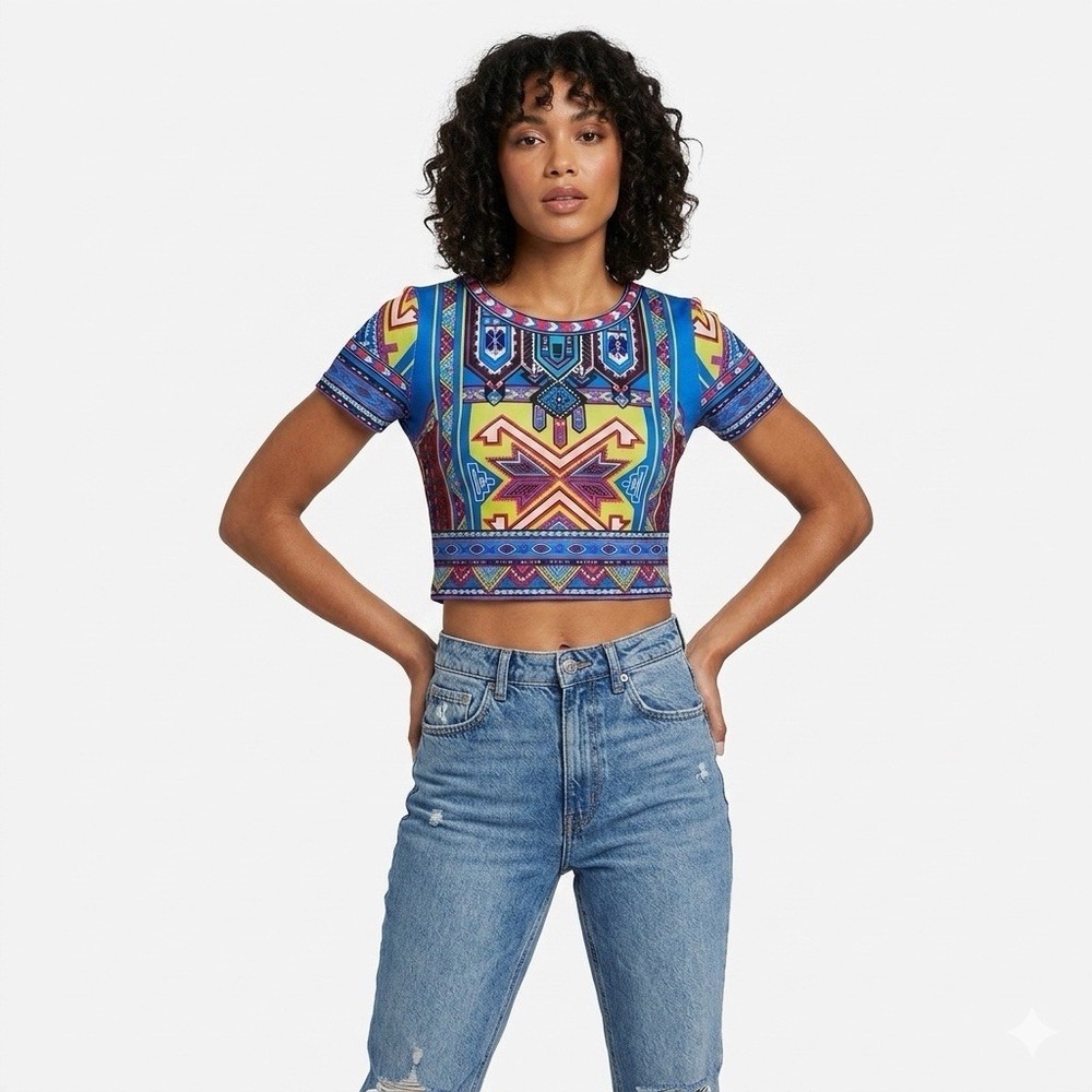 Flying Tomatio Crop Top Womens Medium Tribal Aztec Print Short Sleeve Festival